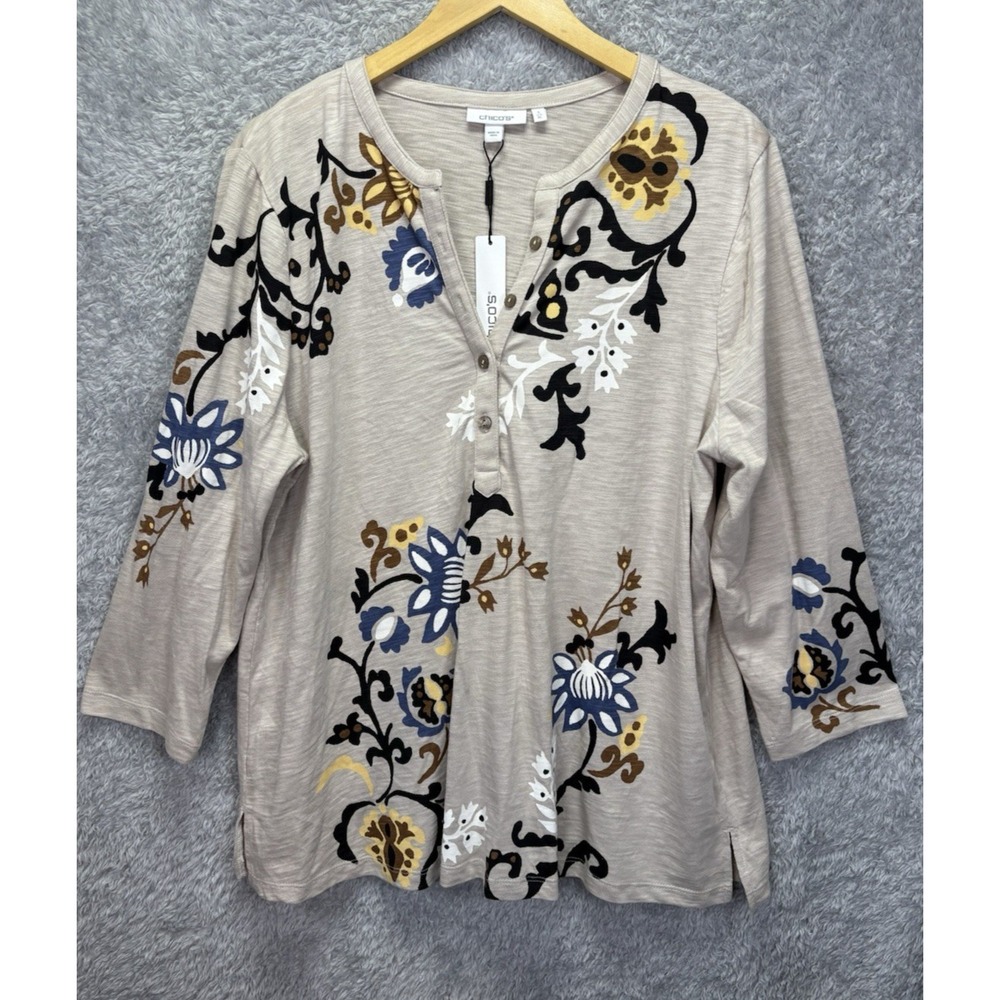 Chicos Womens XL 3 Paisley Floral Cotton Slub Split Neck Henley Top 3/4 Slv NEW
